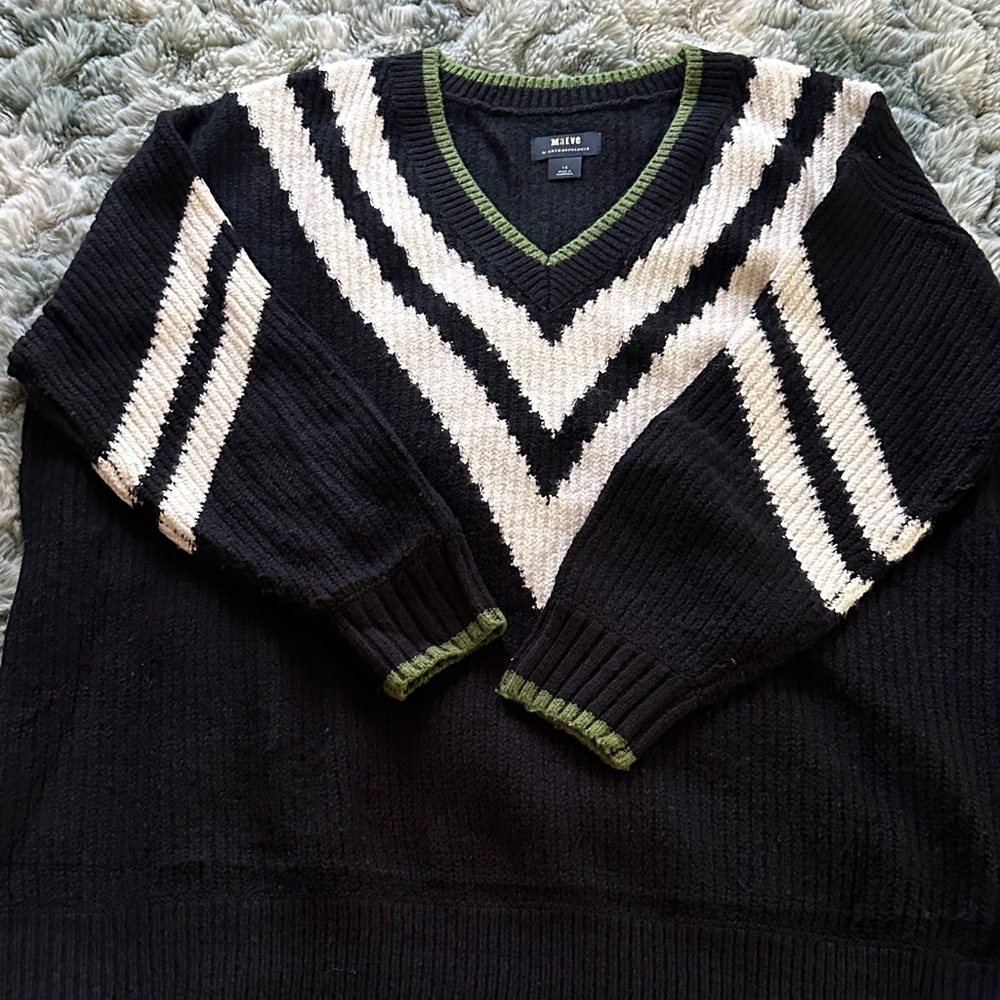 Maeve Black and Cream V-Neck Sweater with Green Accents